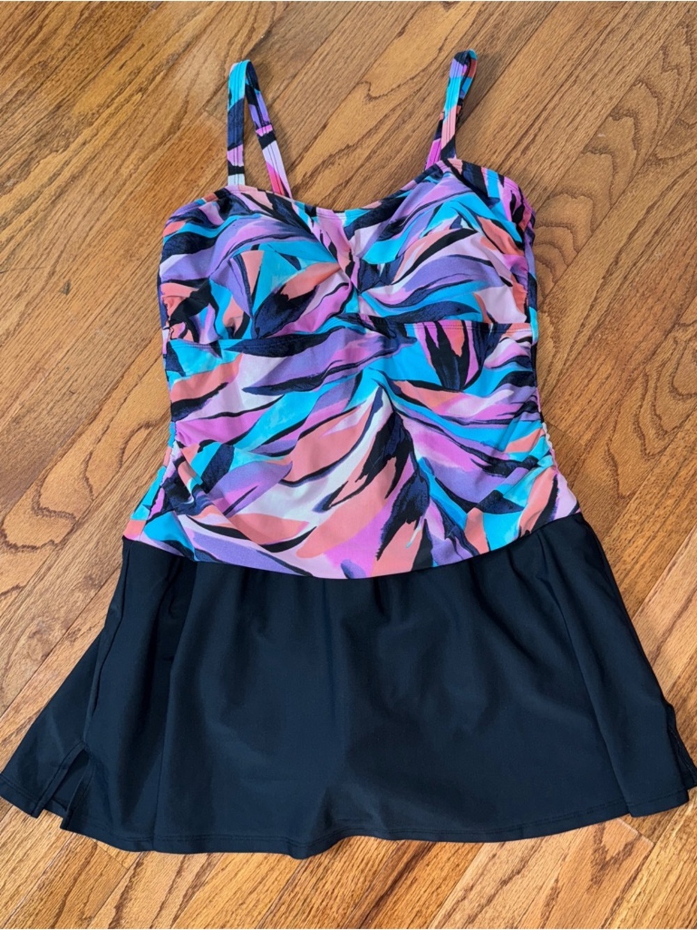 Venus One Piece Tropical Palm Print Swim Dress Shirred Black Purple Size 14 - Picture 3 of 6